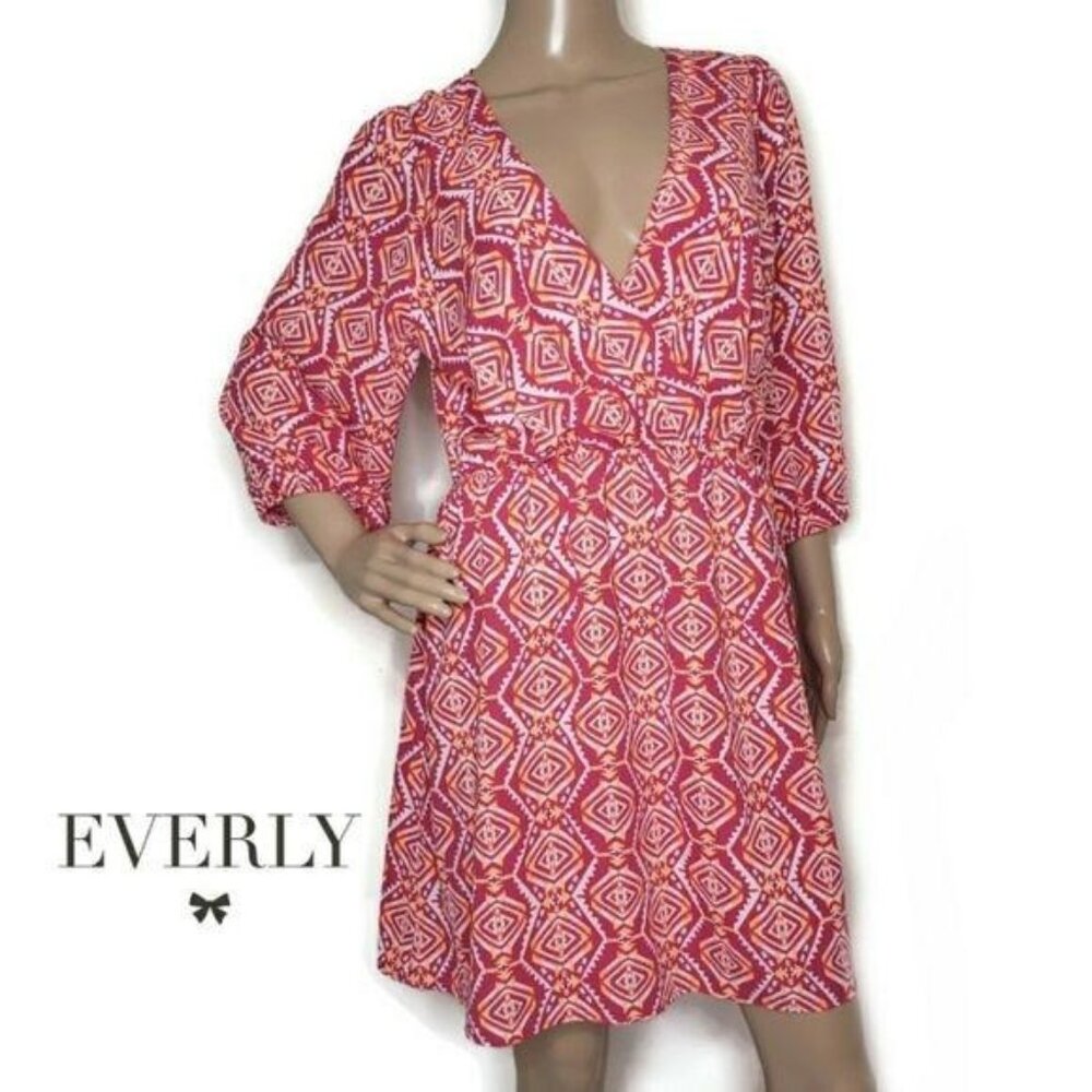 Everly Women's Red Aztec Print Dress size L V-Neck faux wrap 3/4 Sleeve